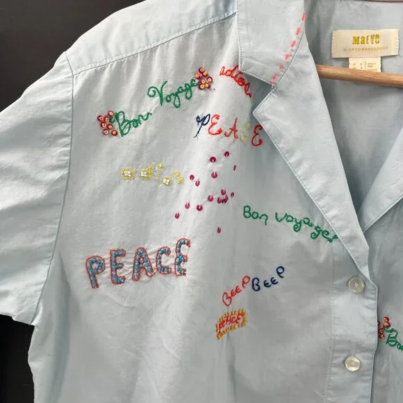 Maeve Anthropologie top Blue Bon Voyage Clarissa Button Down embroidered shirt 2 - Picture 7 of 15